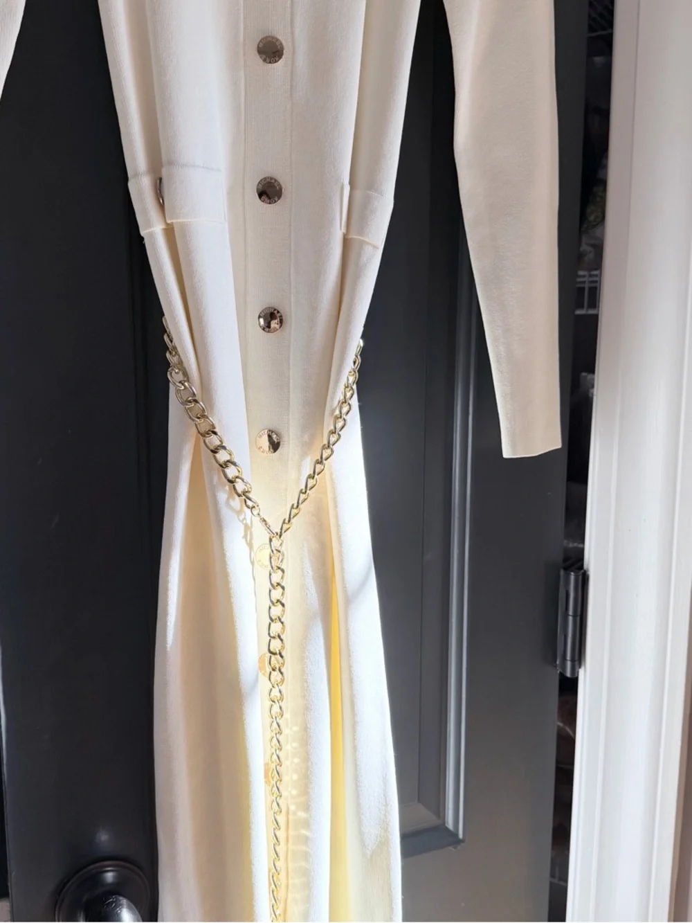 Michael KORS Stretch Signature Viscose Belted Gold Chain Midi Dress Ivory Medium